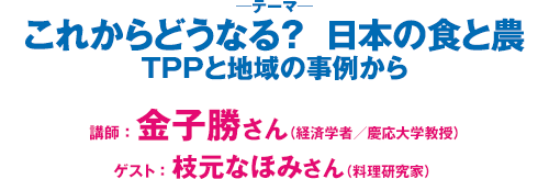 「これからどうなる？　日本の食と農～TPPと地域の事例から」講師：金子勝さん　ゲスト：枝元なほみさん